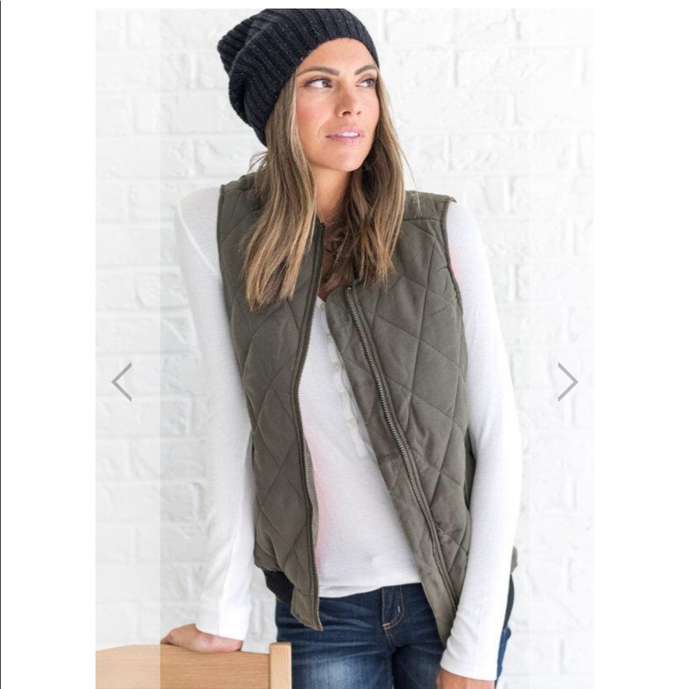 Olive quilted vest with orange lining